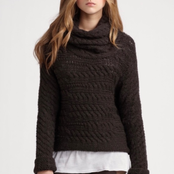 Alice + Olivia Sweaters - Alice + Olivia Cowl Neck Cable Knit Cropped Wool Sweater Espresso Brown Medium